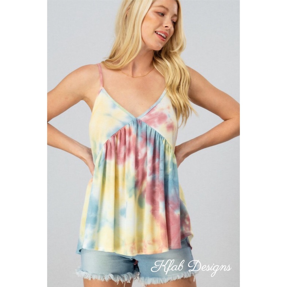 LAST 1! V Neck Waffle Knit Tie Dye Flutter Cami! - Picture 4 of 5